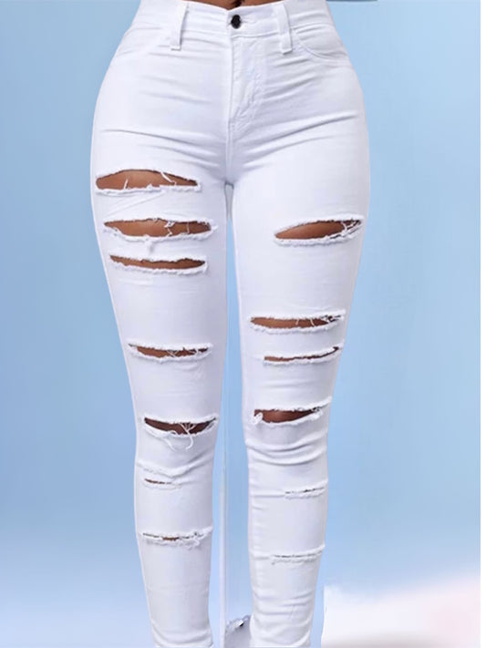White ripped ladies high waist skinny stretchy jean